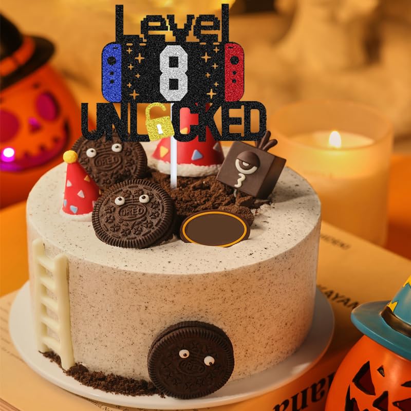 Decorazione per torta con videogioco Happy 8th Birthday – Videogioco per 8° compleanno per ragazzo – Decorazione per feste vincitore Game On Level Up