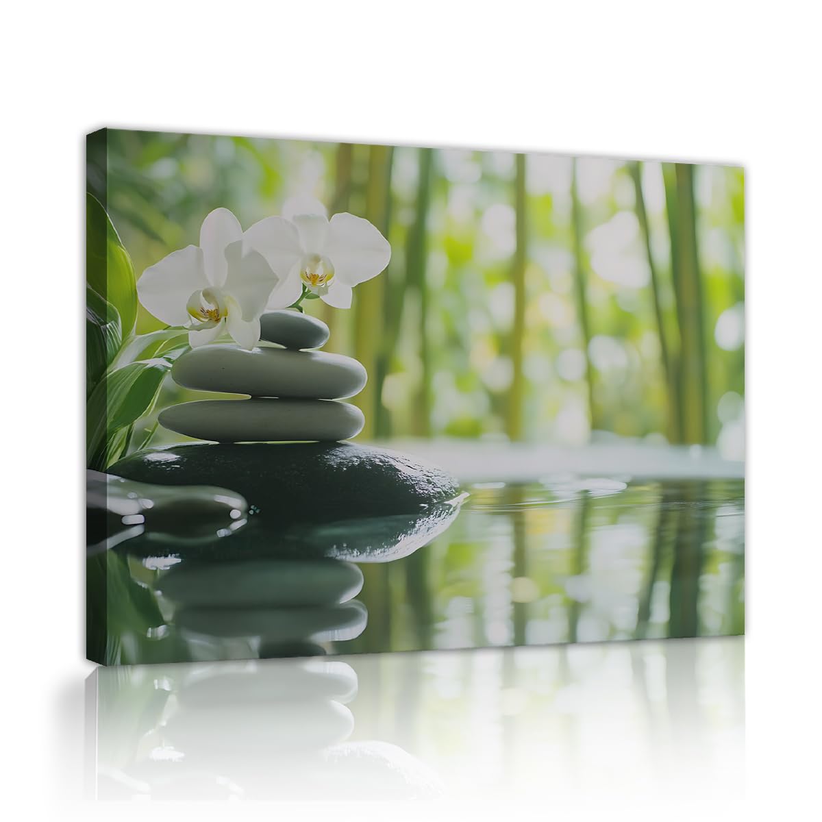 TOANGWALL Zen Stones Poster White Orchid Flower Picture Green Bamboo Canvas Painting Spa Wellness Wall Art Living Room Bedroom Bathroom Lounge Calm Nature Background Decoration 80x95cm