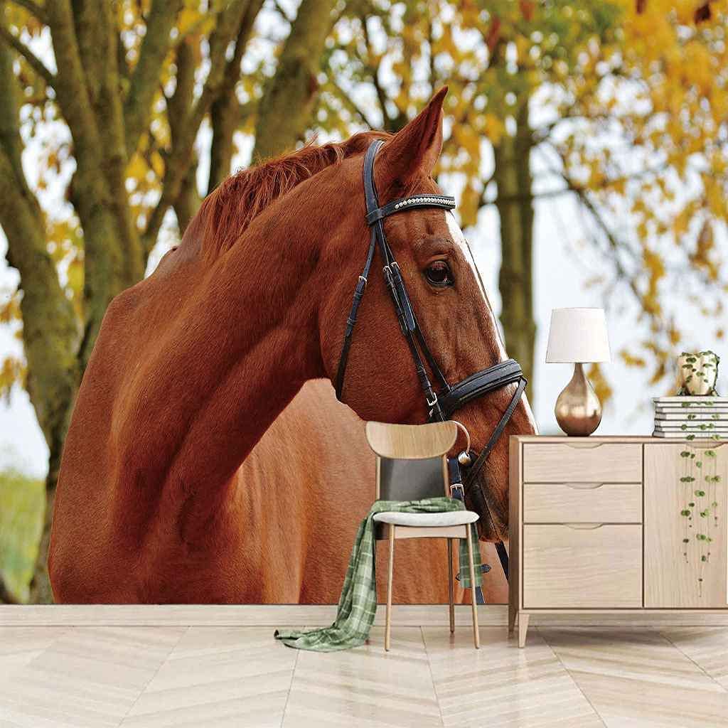 Papier Peint Photo 3D de Cheval pour Grand Salon Décoration Murale Auto-Adhésive Nature