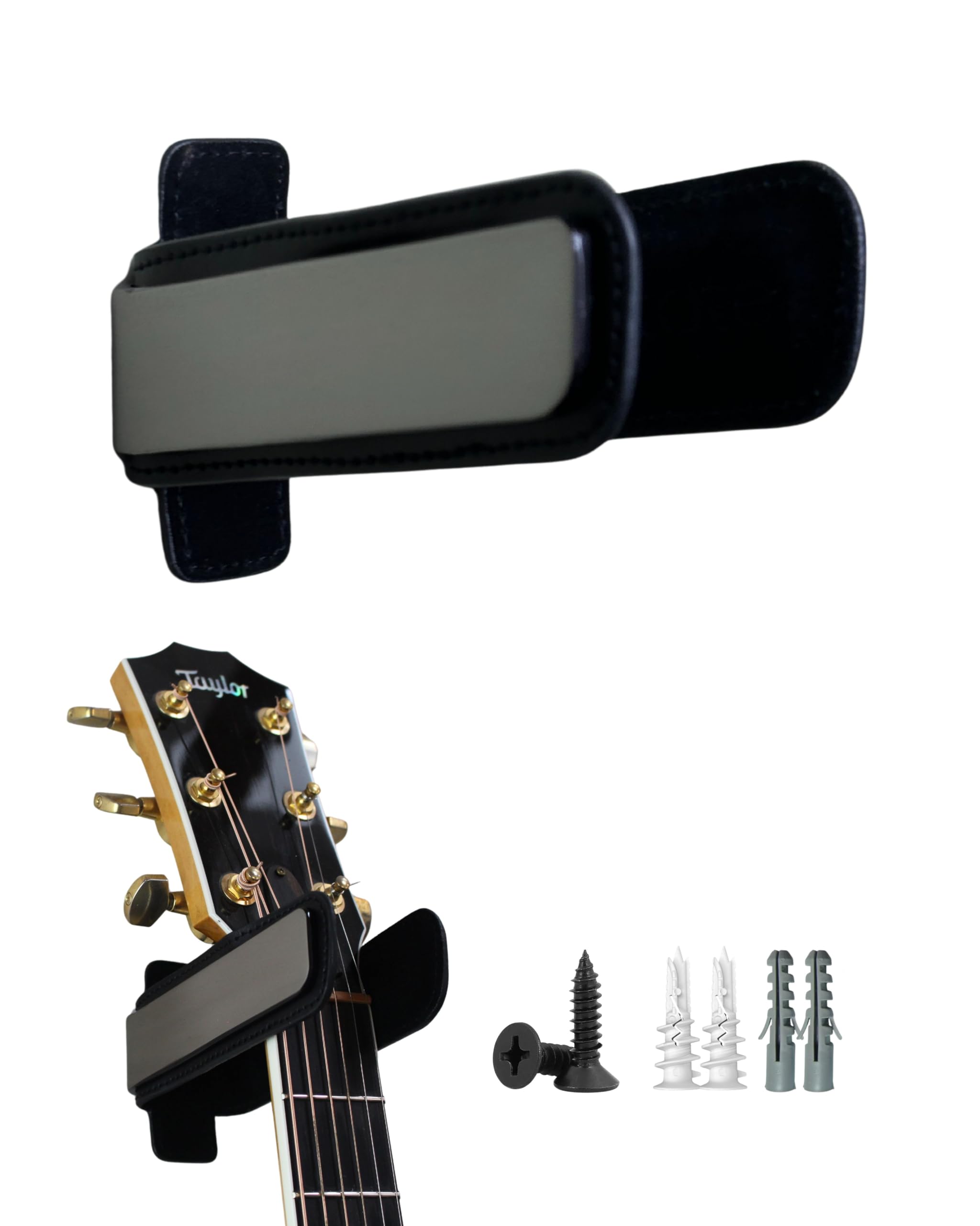 Noisy Clan Taylor - Colgador de pared para guitarra, acero cromado negro con acolchado de cuero, diseño minimalista