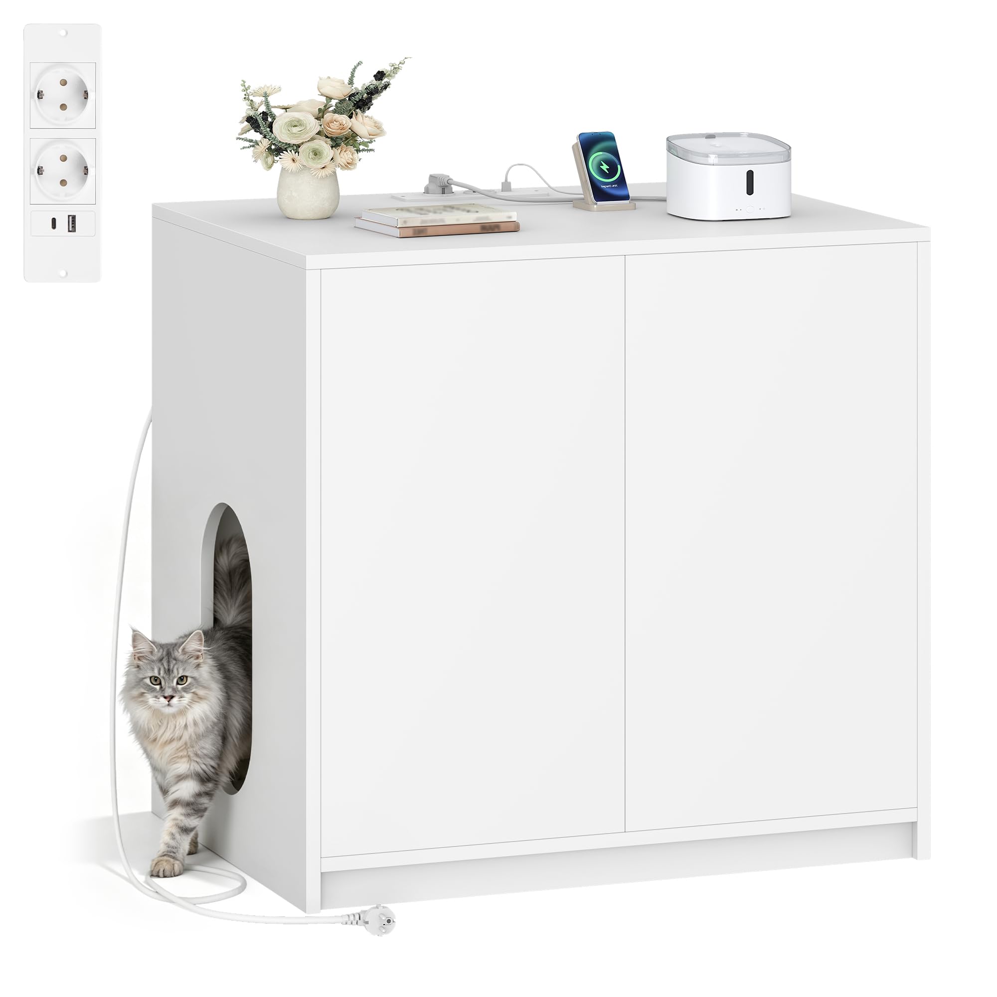 Mobile Lettiera per Gatti con Multipresa, 80 x 60 x 80cm, Bianco | Mobile per Lettiera Nascosta, Adatto per Lettiere Elettriche, Casetta per Gatti con Ingresso Laterale Regolabile FPCB202PW1EU