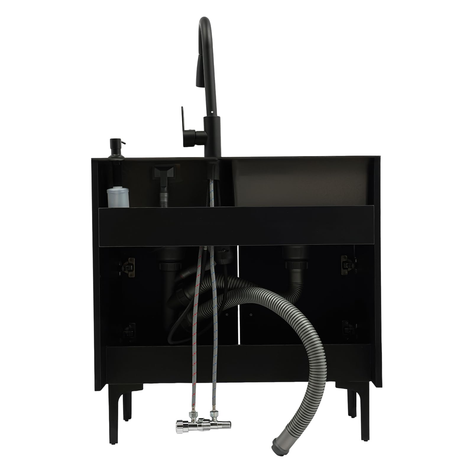 Lavello da cucina autoportante in acciaio inox con 2 vasche da 75 x 41 cm, lavello nero con rubinetto estraibile e mobiletto inferiore, per cucina domestica, giardino, esterni, lavanderia