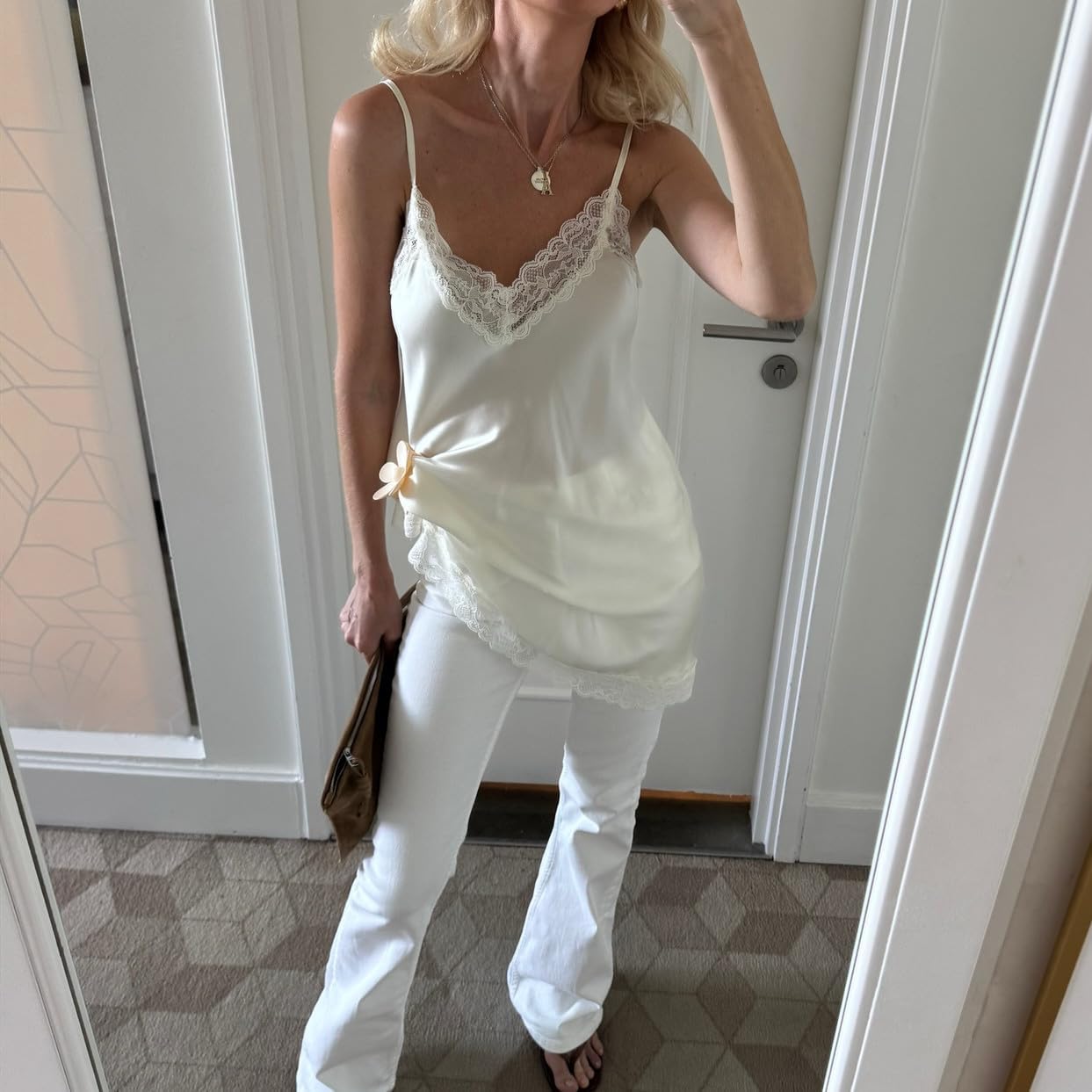 Lace Trim Satin Cami Tops for Women Spaghetti Strap Sexy V Neck Silk Camisole Going Out Party Shirts - Image 4