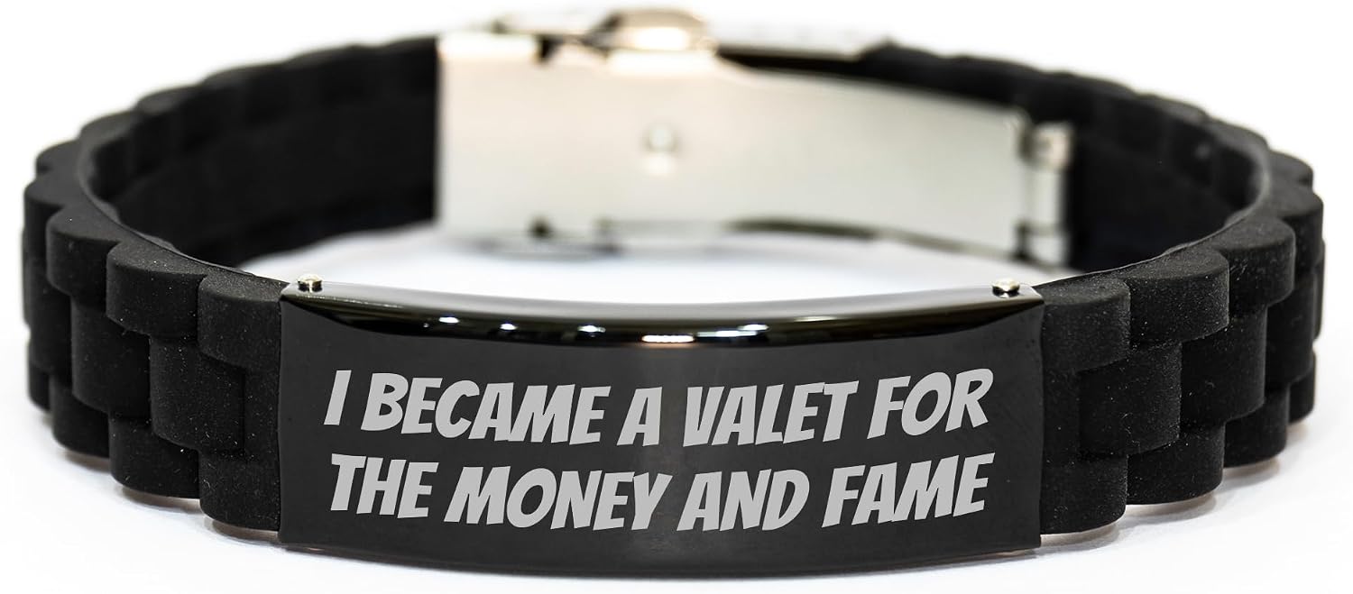 Valet Gifts for Men, A Unique Glide lock Clasp Bracelet, Funny Quote 'I Became A Valet For The Money And Fame', Black Stainless Steel
