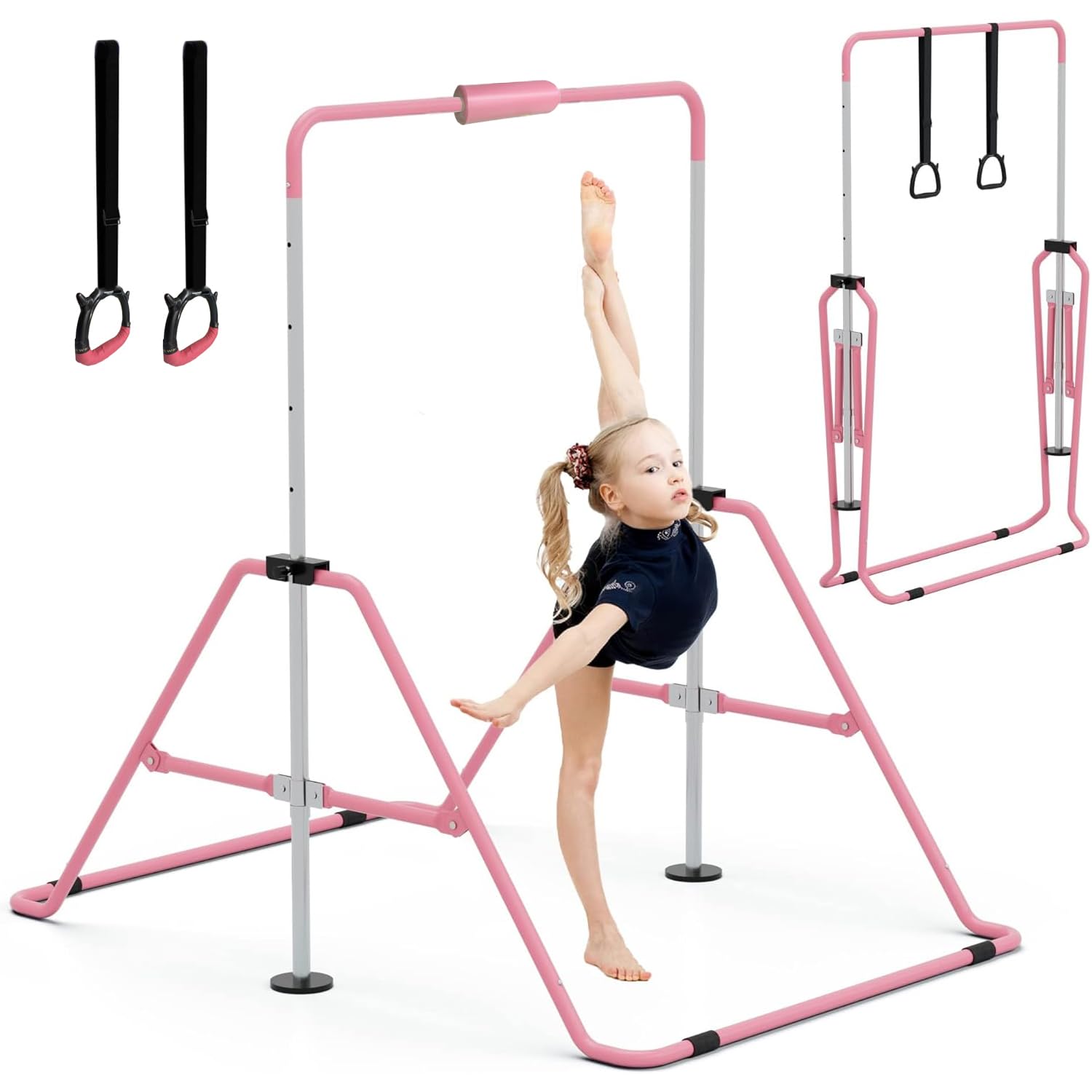 Gymnastics Bars with Pad, Junior Training Kip Bar Gymnastics Equipment for Home Garden, Adjustable Height Gymnastic Folding Horizontal Bar with Gymnastic Rings for Kid Boys Girls
