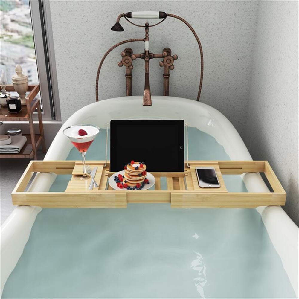 Bathtub Rack Premium Bath Tray Extendable Bathtub Caddy Bath Shelf With Book Rest Soap Tray Wine Glass Tablet Smartphone Holder Bath Tray Bathtub Stroller Tray (Color : Bamboo, Size : One size)