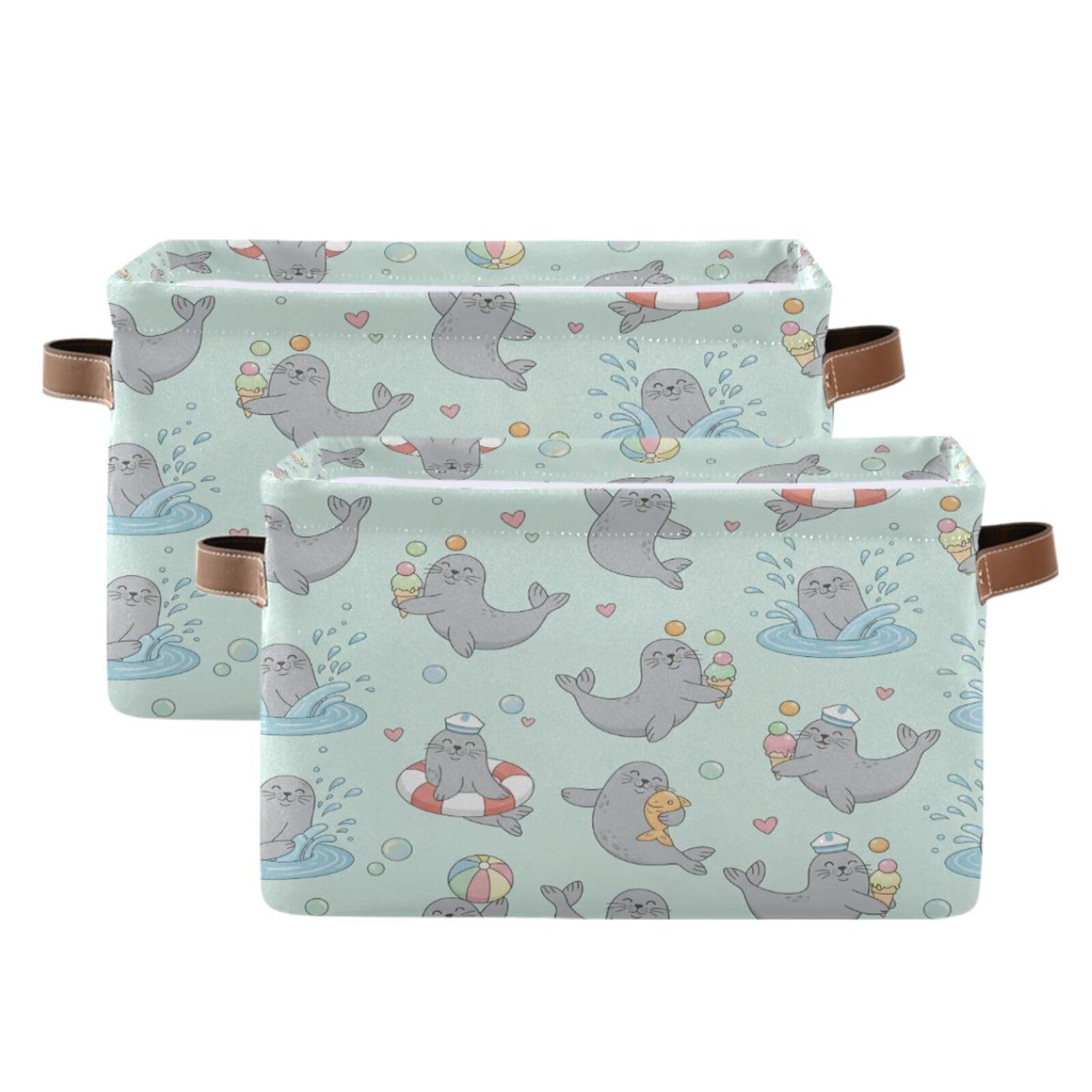 Bacs de rangement pliables en toile imperméable Playful Gray Seals x2