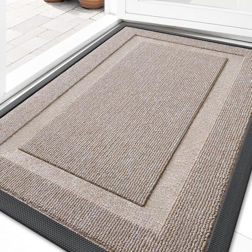 Image of OLANLY Front Door Mat Indoor Outdoor Entrance, Waterproof All-Season, All-Weather Doormat, Sturdy Natural Rubber, Low Profile, Easy Clean Patio Porch Entryway Mat, 33x21, Camel