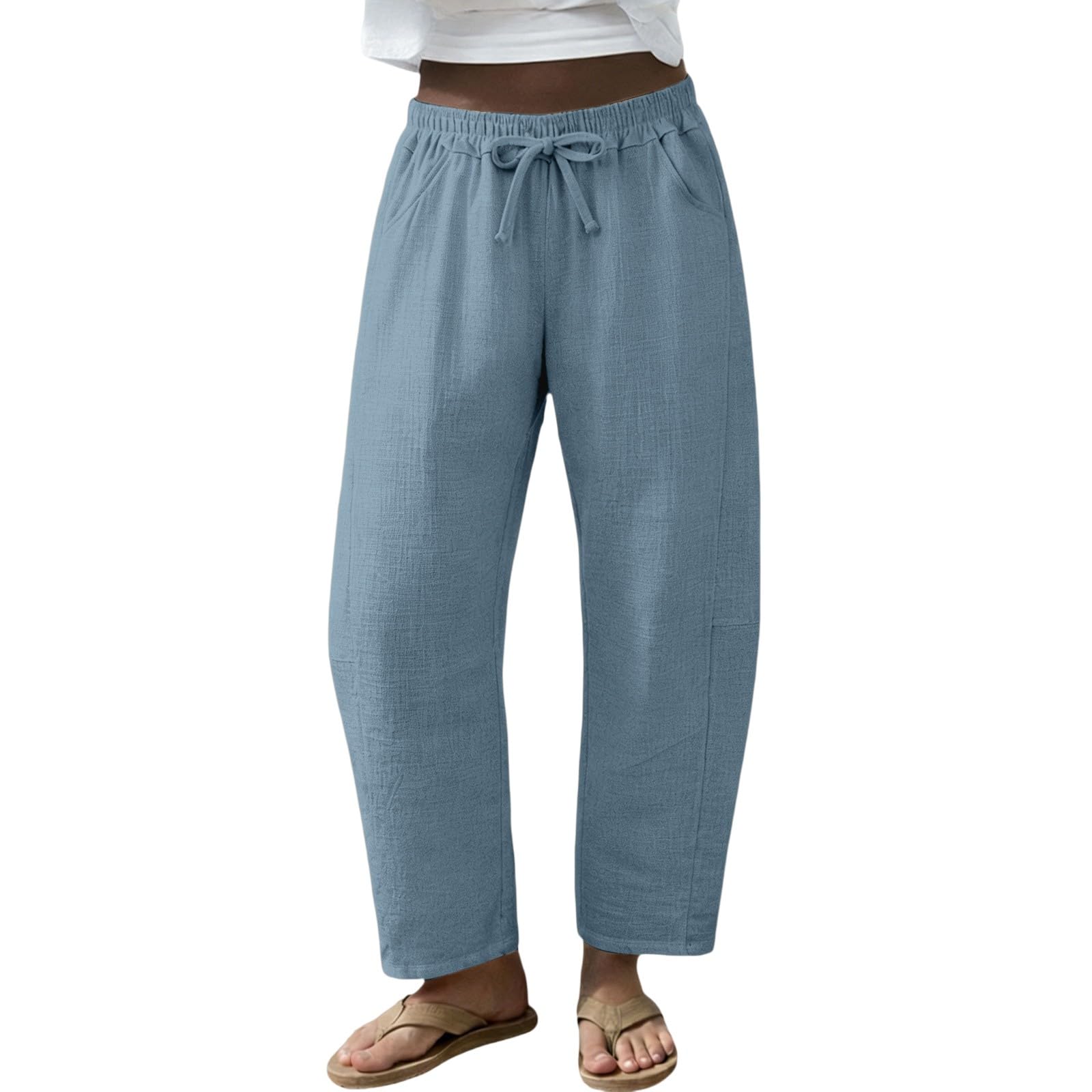 Pantaloni estivi da donna in lino, leggeri, larghi, in misto cotone e lino, vita elasticizzata, con coulisse, casual, con tasche, per yoga, per le vacanze