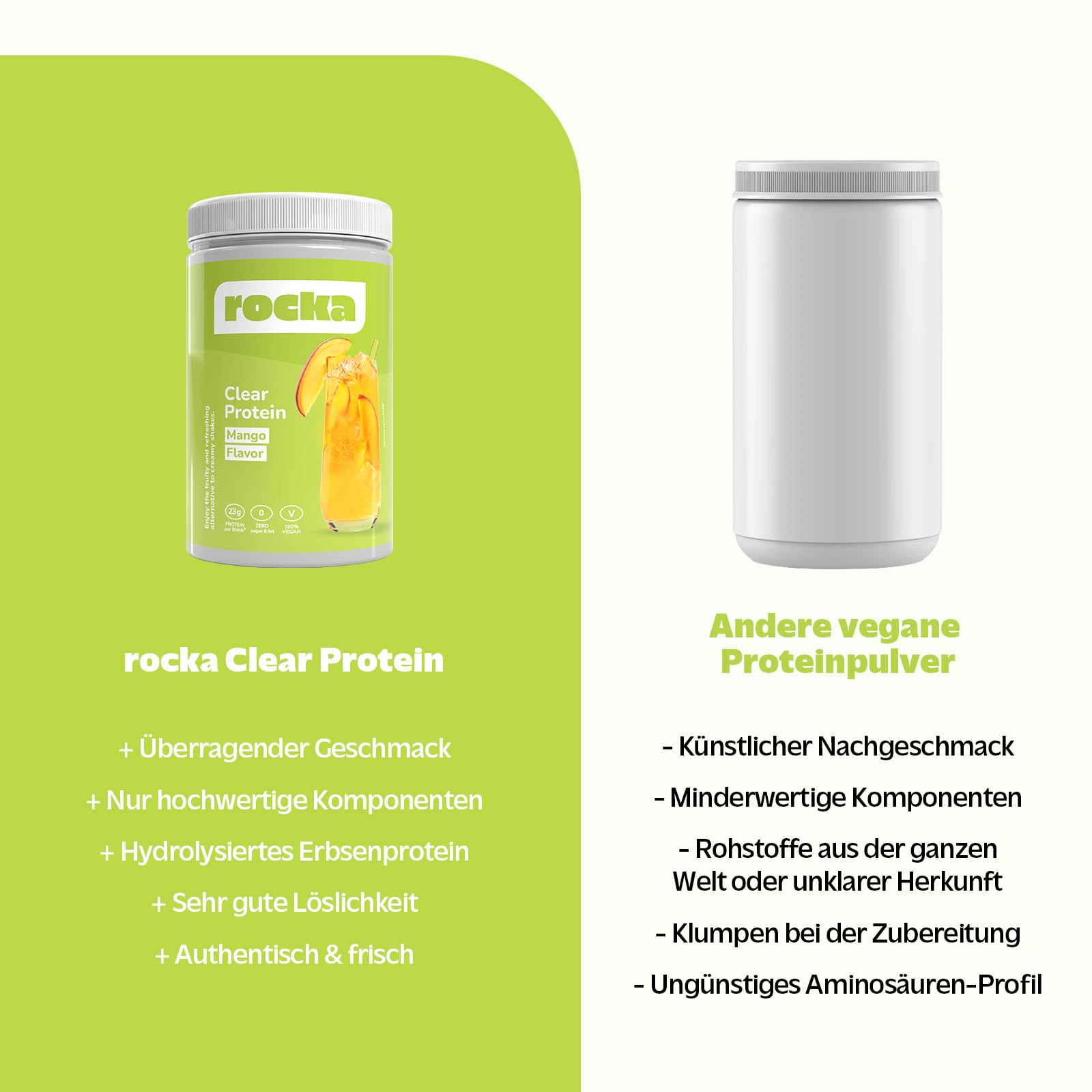 Rocka Nutrition Clear Protein vegane Proteinlimo mit Mango-Geschmack | Pflanzliches Proteinpulver mit 23 g Protein pro Portion (30 g) | 360 g (Mango)