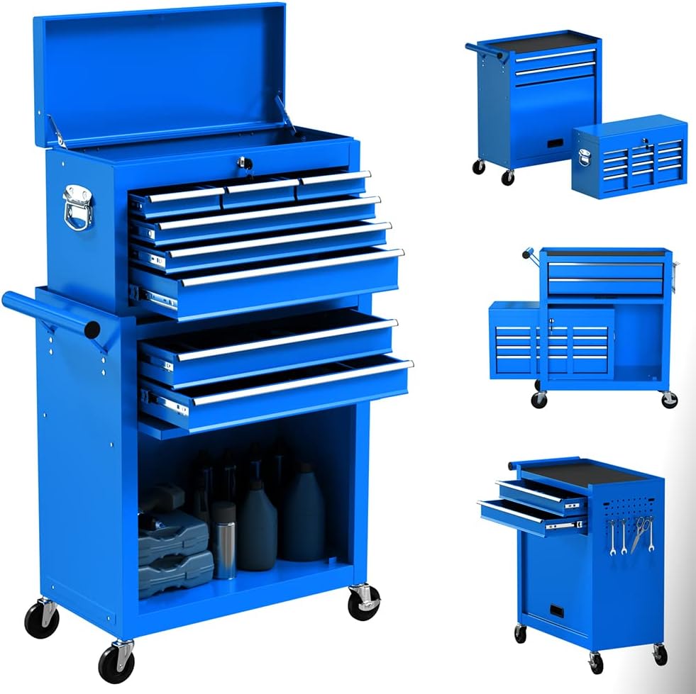 8-Drawer Rolling Big Tool Chest and Tool Storage Cabinet with 4 Wheels,Removable Portable Top Box with Lock Tool Chest for Garage and Warehouse (Blue)