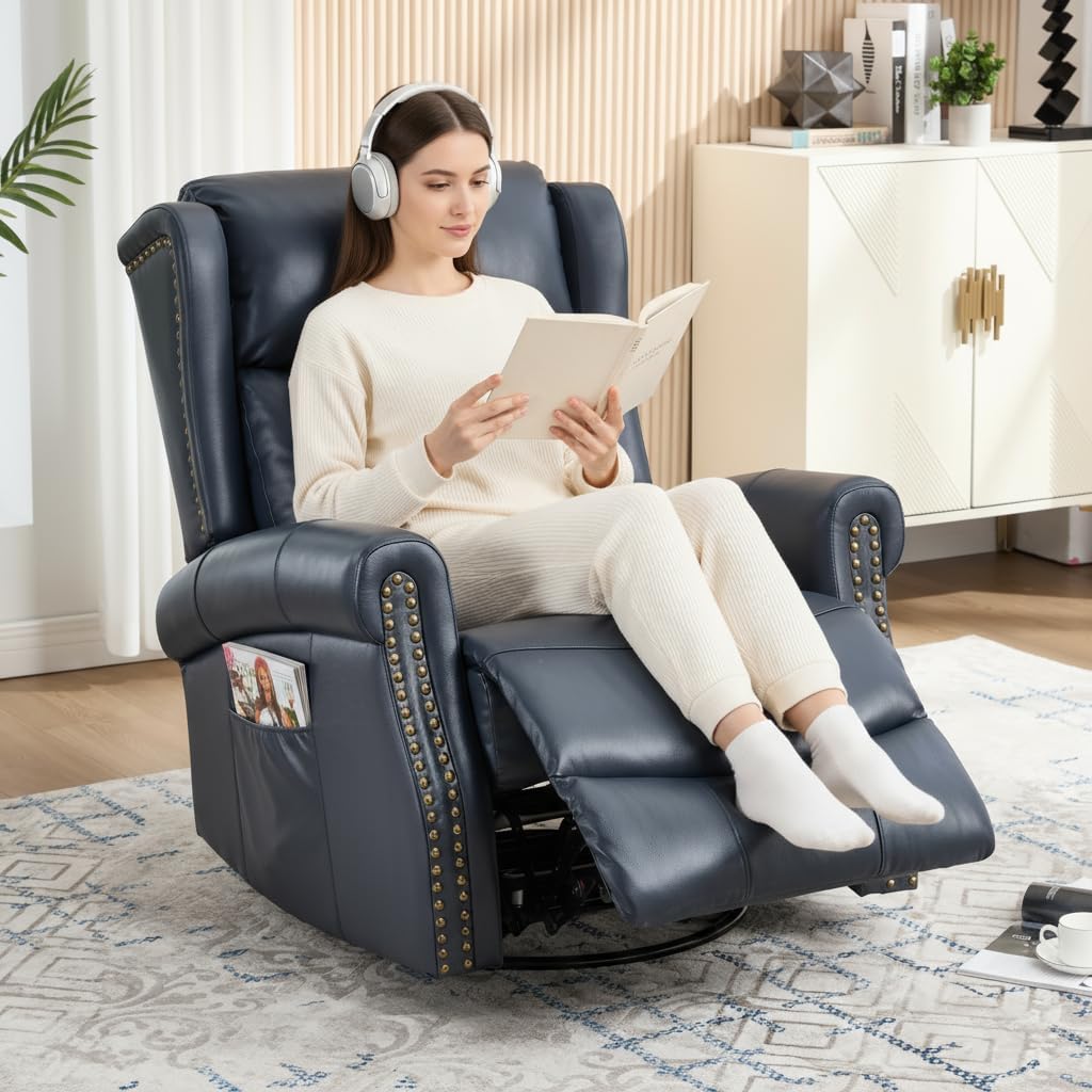 PELUMY Genuine Leather Swivel Rocking Recliner Chair for Adults, 360° Swivel Glider Rocker with Heat & Vibrating Massage, Lounge Chair for Living Room, Bedroom, Nursery (Blue)