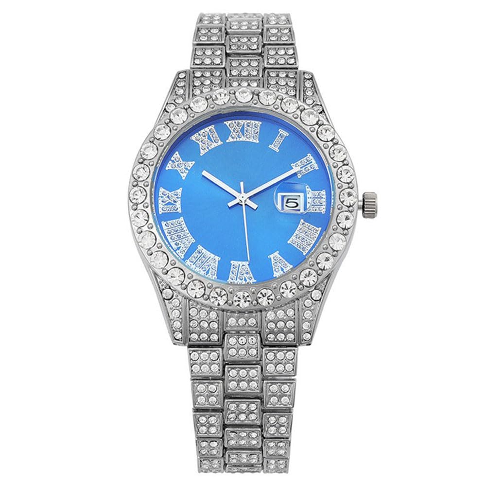 Paquete de 3 relojes con diamantes para hombre, calendario, acero inoxidable, hip hop, esfera grande, números romanos, esfera de cuarzo, juego a granel para hombre