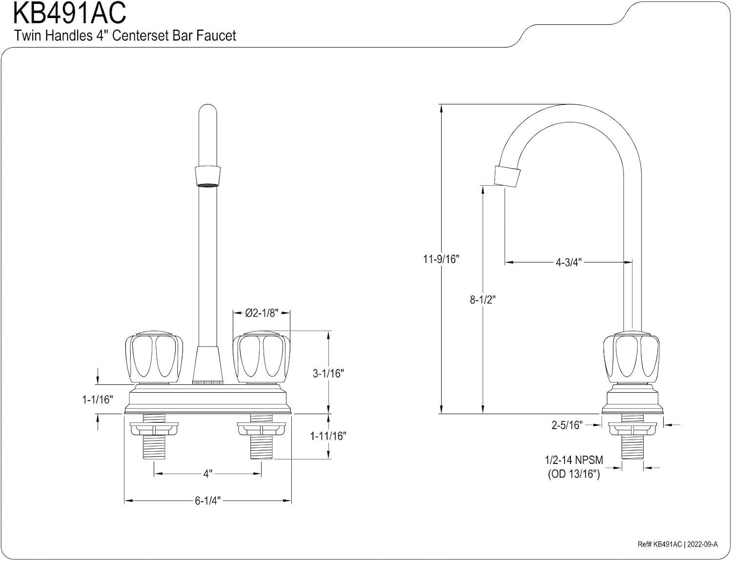 Kingston Brass KB491AC Magellan 4" Center Bar Faucet with Acrylic Handle, 4-3/4", Polished Chrome