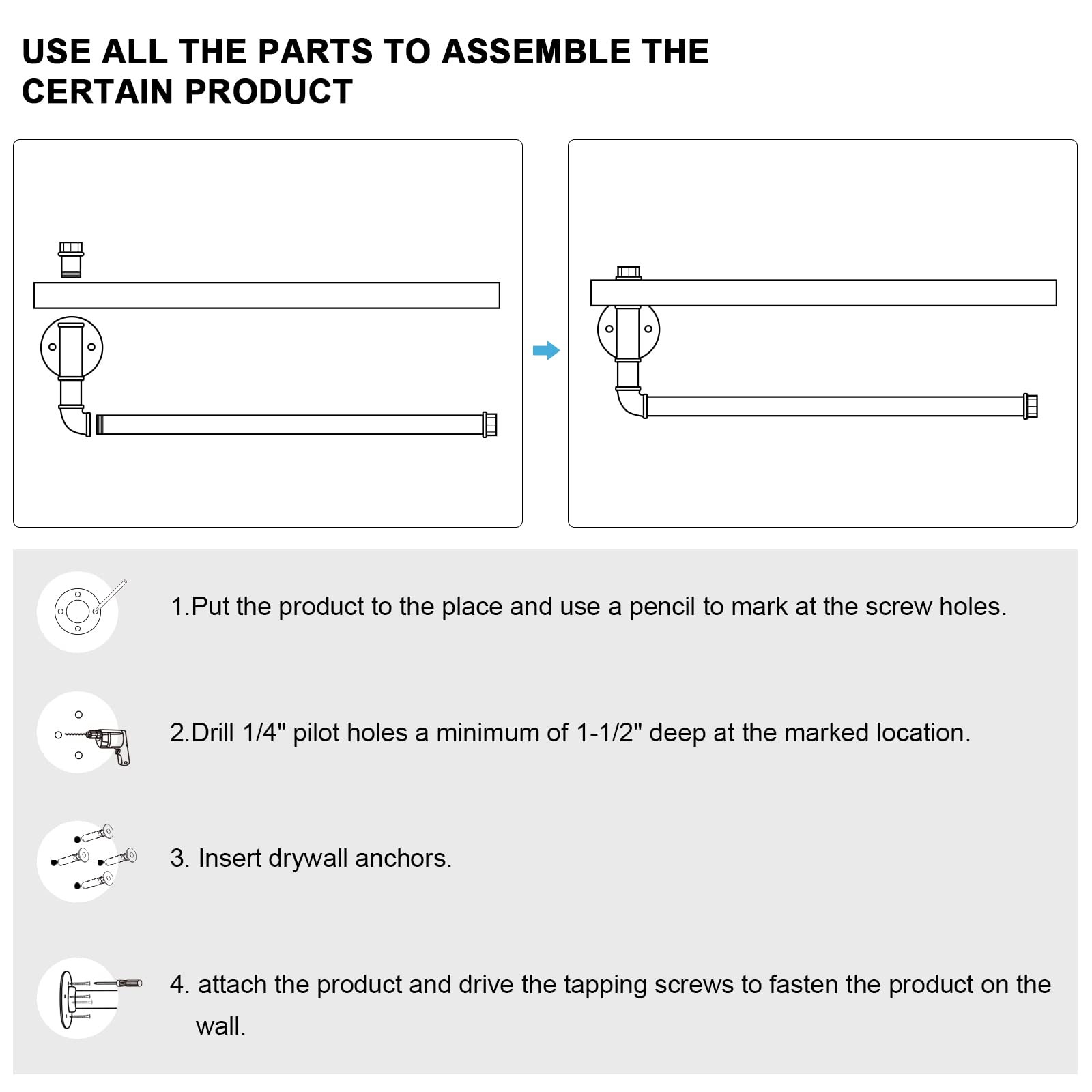 Toallero de papel de tubo industrial con estante, toallero de papel rústico para baño, cocina, montaje en pared, negro mate 6