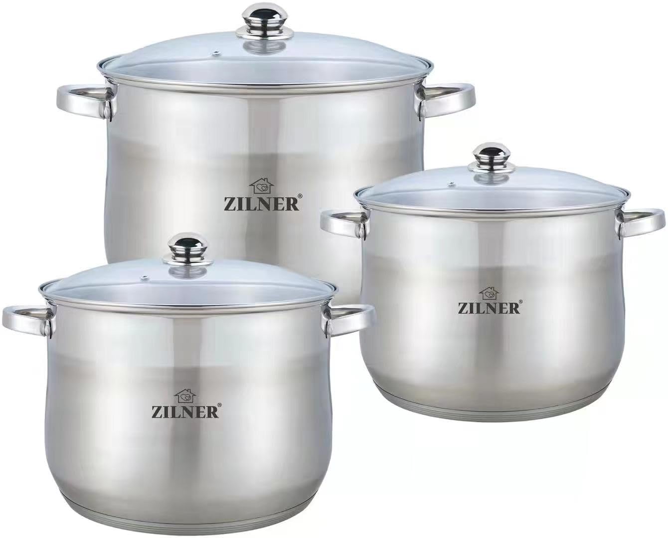 Topfset Edelstahl 6-teilig, Glasdeckel, 17 L 20 L 23 L, Silber | Kochtopf Set für Induktion, Gas, Elektro, Keramik, für Küche und Catering, spülmaschinengeeignet