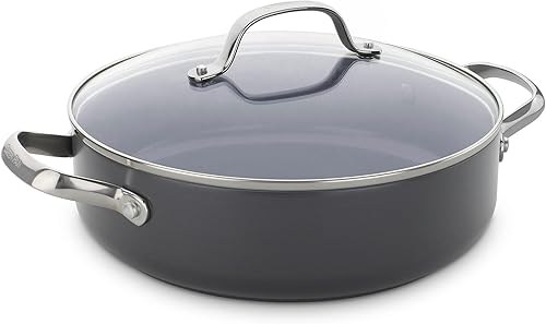 GreenPan Valencia Pro - Sartén antiadherente de cerámica anodizada dura de 3.8 cuartos de galón con 2 asas y tapa, sin PFAS, inducción, apta para
