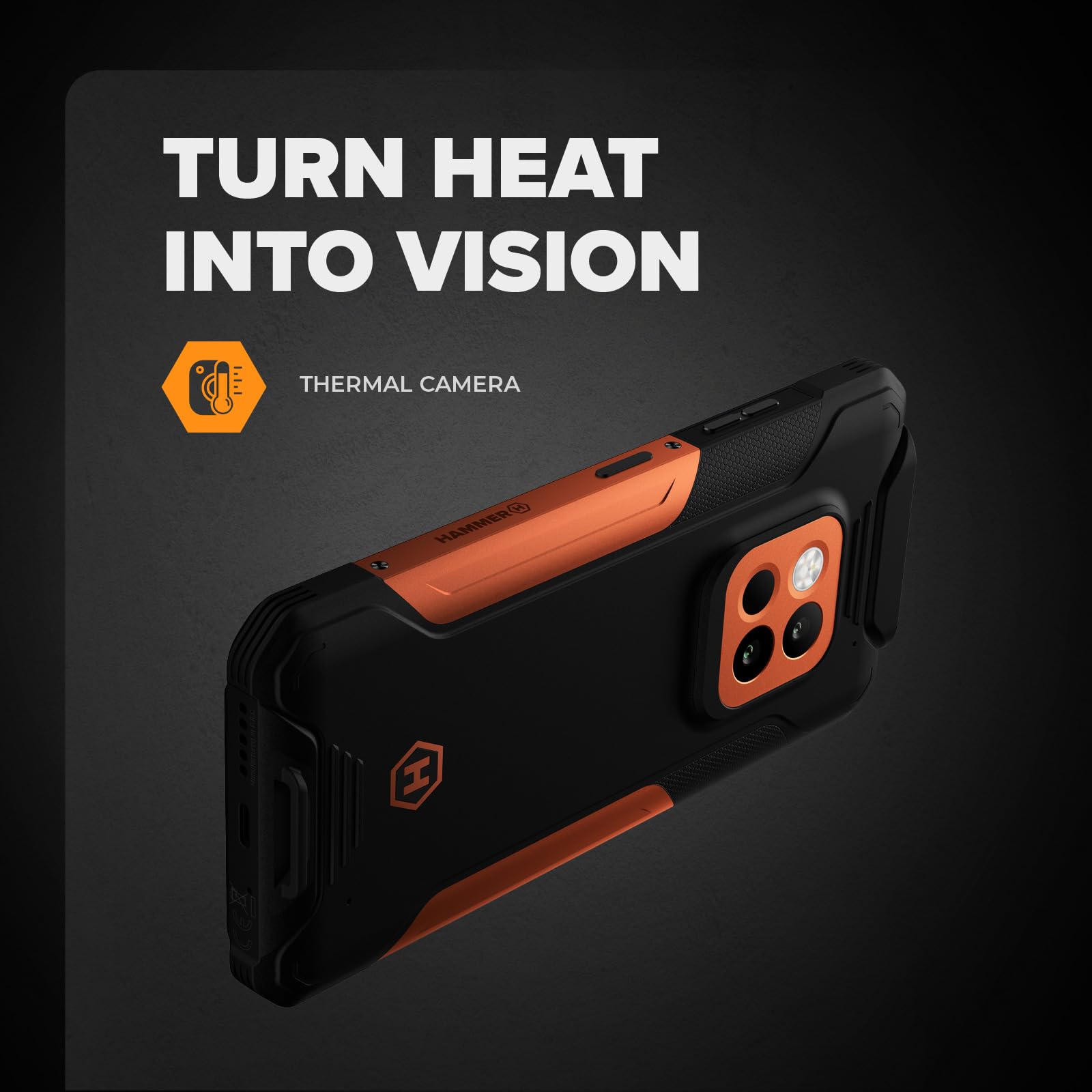 Hammer Construction 2 Thermal smartphone ultra-robusto IP69 con termometro e telemetro laser, 8+8 GB RAM, Android 14, potente fotocamera da 108 MP, batteria 6500 mAh con funzione power bank, 256gb/1T