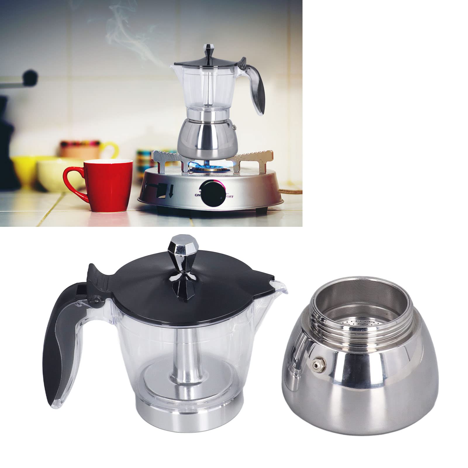 HURRISE Moka Pot 6 tazas, cafetera clásica italiana de acero inoxidable, cafetera portátil con tapa de ABS transparente para cocina, camping, oficina