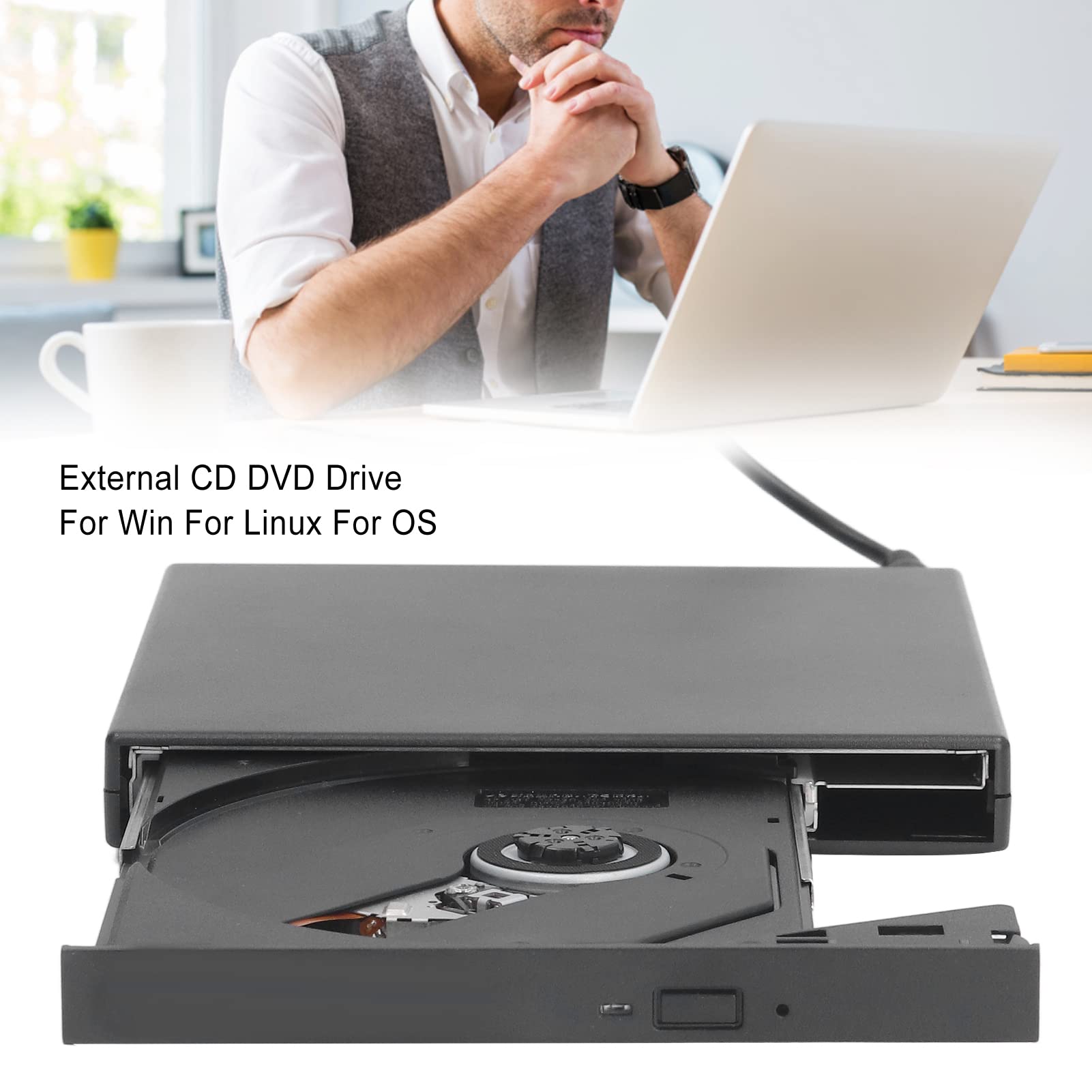 Unidad de CD DVD Externa, Escritura y Lectura de Alta Velocidad, Puerto USB Alimentado, Botón de Expulsión Equipado, Reproductor de CD DVD Delgado Portátil Compatible para Win para OS para Linux