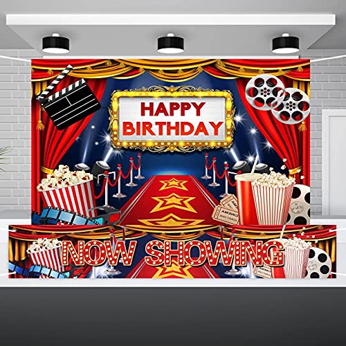 Movie Theme Party Decorations Include Large Fabric Backdrop Happy Birthday Background 5 x 3 Feet Movie Now Showing Banner 6 x 1 Feet for Movie Night with Rope