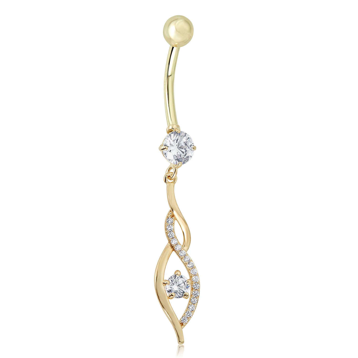 AVORA 10K Gold Simulated Diamond CZ Dangling Flame Belly Button Ring Body Jewelry (14 Gauge)