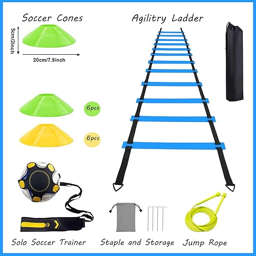 Miniatura 3 de Juego de equipos de entrenamiento de agilidad de fútbol, accesorios de fútbol de 12 peldaños y 20 pies, 12 conos de disco, entrenador de fútbol
