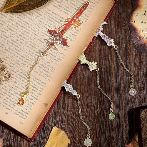 Image of 4Pcs Retro Sword-Shaped Metal Bookmarks, 4 Colors Fantasy Style with Chain Pendant, Cool Reading Accessories & Gift for Students, Men, and Book Lovers