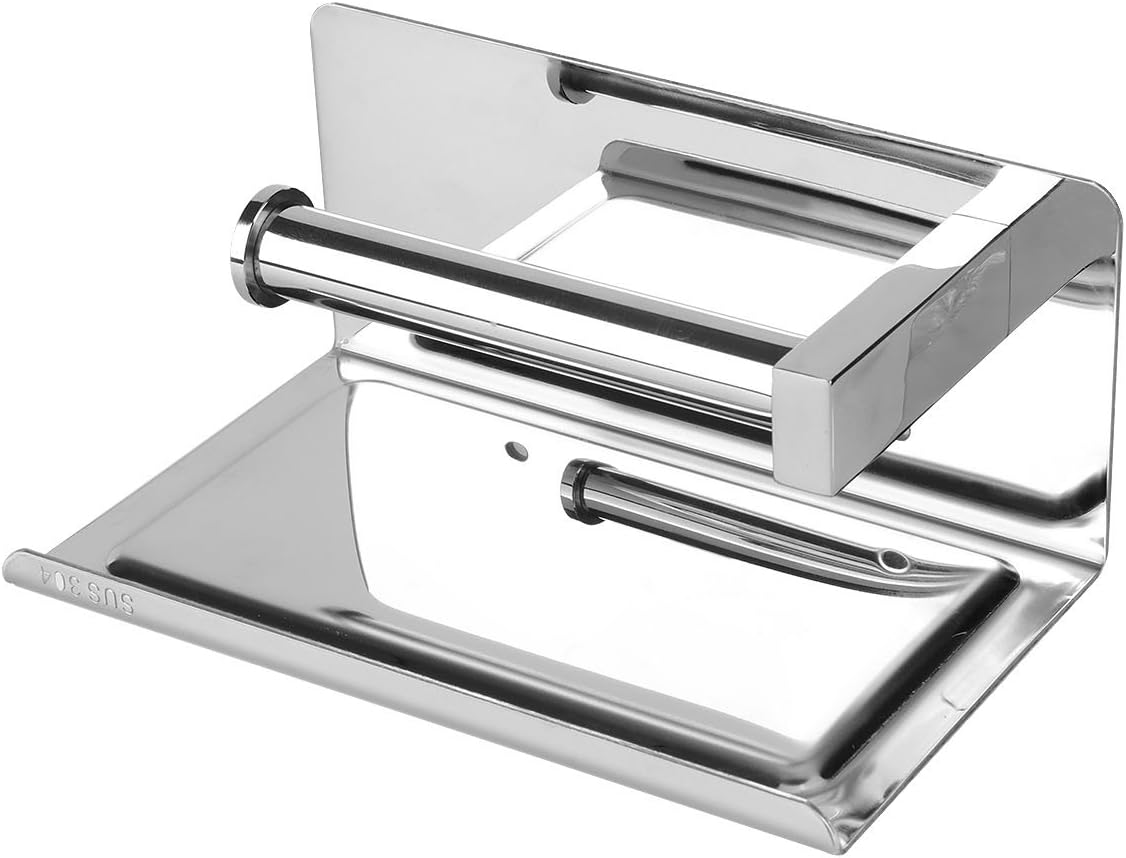 PDFans Toilet Paper Holder SUS 304 Stainless Steel Wall Mount Self Adhesive Bathroom Kitchen Paper Dispenser Tissue Roll Hanger with Mobile Phone Storage Shelf