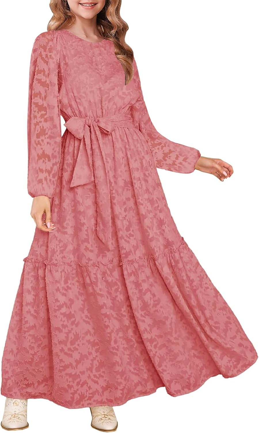 MITILLY Girls Long Sleeve Dress Elegant Floral Crew Neck Elastic Waist Formal Maxi Dresses with Belt 6-12 Years