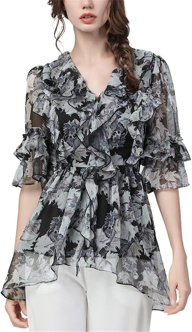 Ruffles Chiffon Blouse Women Half Sleeve Draped Tunic Tops Elegant Slim Printing Floral Shirts