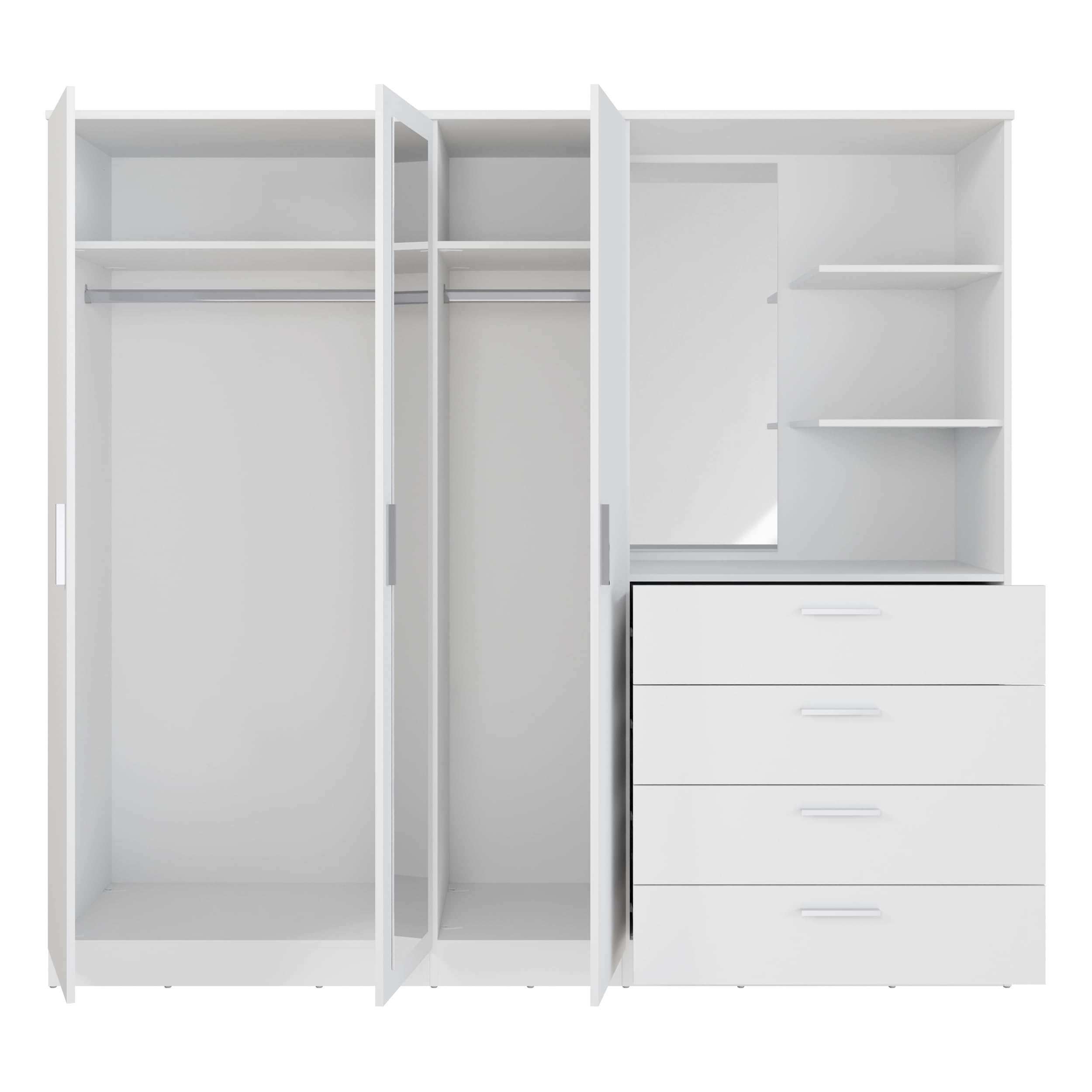 Forte Panama Kleiderschrank 200, modern-minimalistischer Kleiderschrank mit Regalkommode, 3-türig, 4 Schubladen, 2 Spiegel, Holzwerkstoff, Weiß, 199 cm breit x 181 cm hoch x 52,7 cm tief