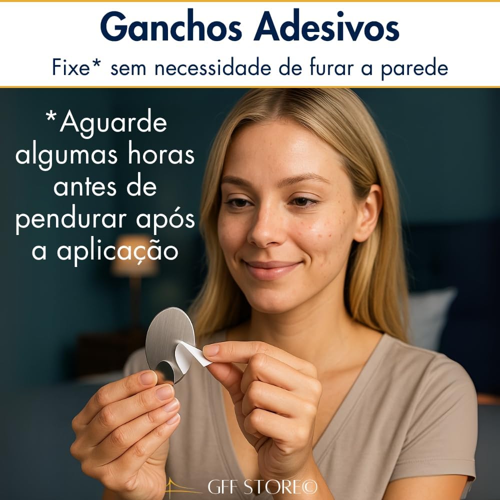 Kit 3 Ganchos Adesivos Metálicos Fixação Potente Fácil de Instalar Ideal para Ambientes Modernos Formato Oval Removível sem Danos e Sem Necessidade de Furos