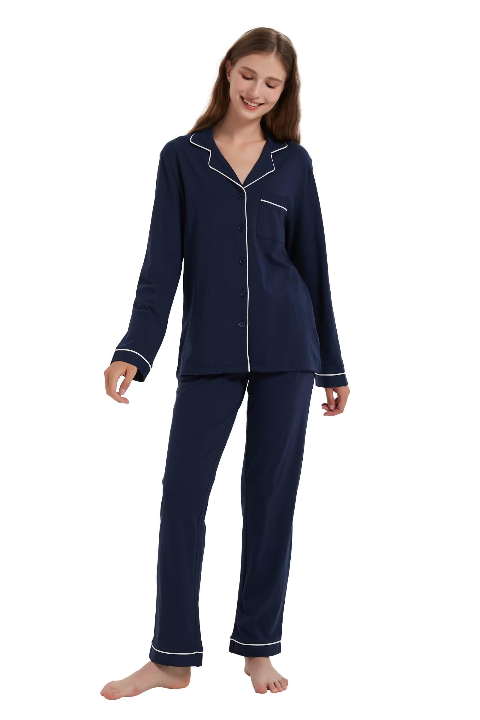 Amaxer Ensemble de Pyjama Coton Femme Vêtements de Nuit Femme 2 Pièces Comfy Manches Longues Bouton Down Col V Femme Pyjamas Set S-XXL