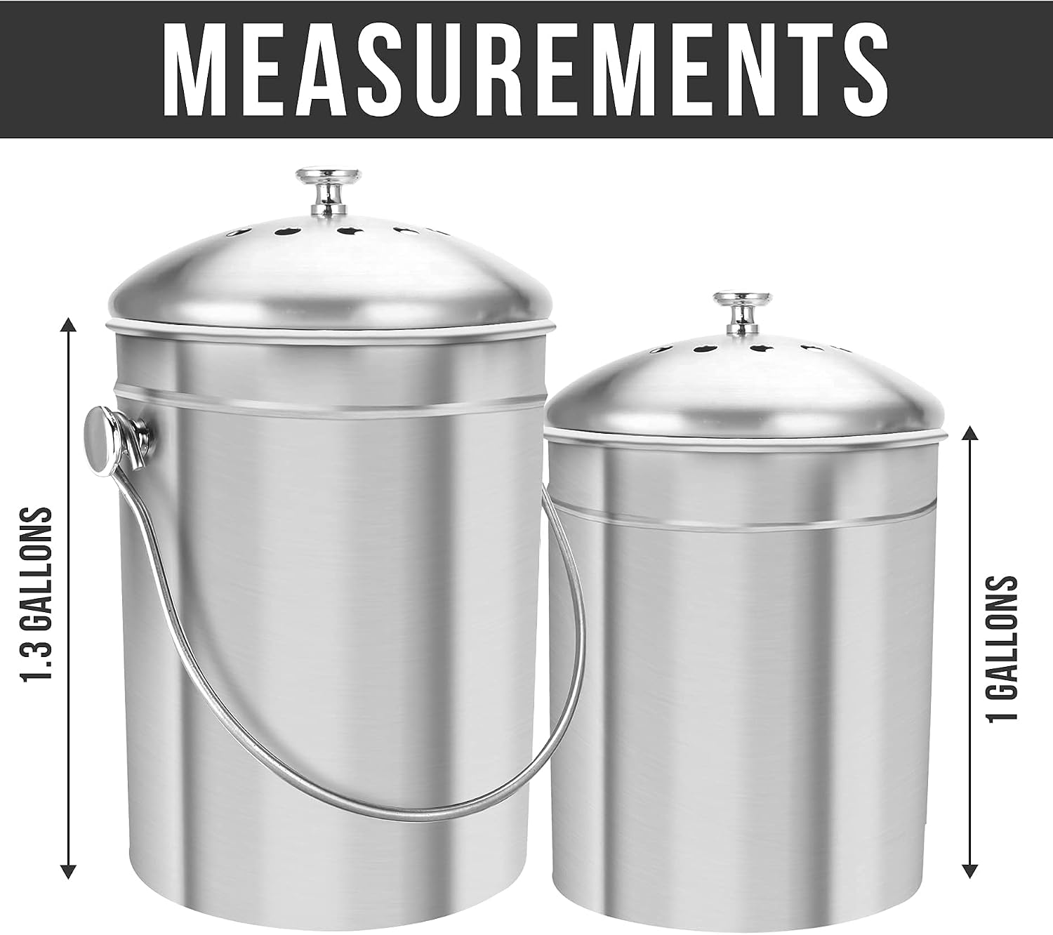 Utopia Kitchen Set of 2 Stainless Steel Compost Bins for Kitchen Countertop - 1 and 1.3 Gallon Compost Bucket Set with Lids