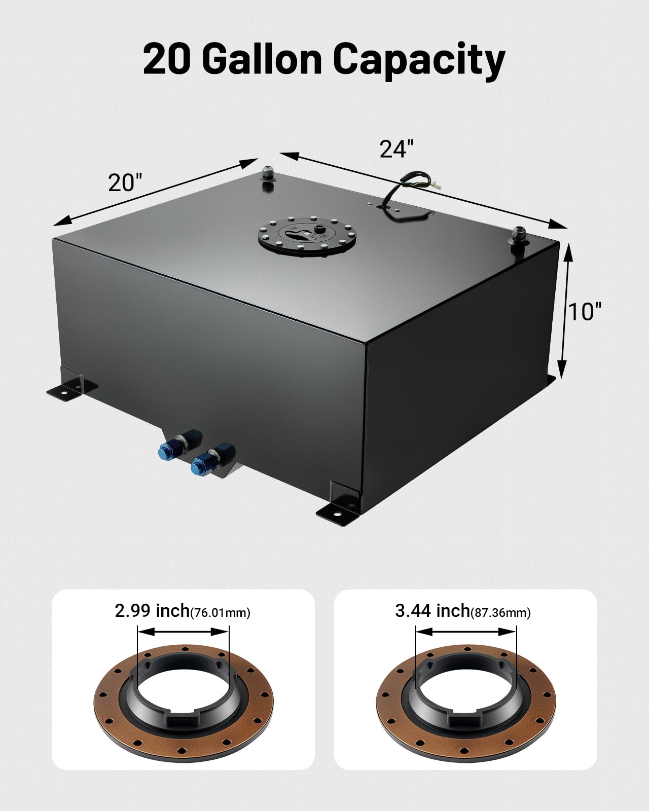 20 Gallon Black Aluminum Fuel Cell Gas Tank + Cap + Level Sender + Steel Line Kit