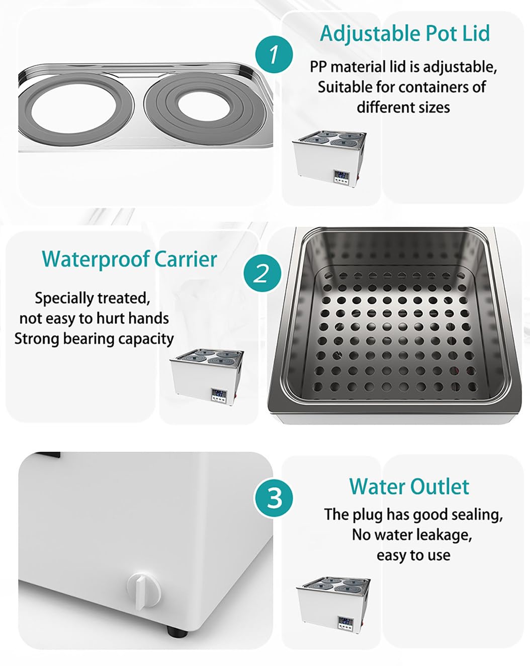 Baño de agua digital de laboratorio con anillo de cubierta de polipropileno, equipo de calefacción de temperatura constante para uso científico, disponible en configuraciones de 1 a 8 agujeros