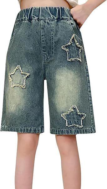 Moonker Teen Girls Bermuda Jean Shorts Baggy Wide Leg Elastic Waist Denim Shorts Summer Cute Clothes for Kids Jorts Y2K 2026