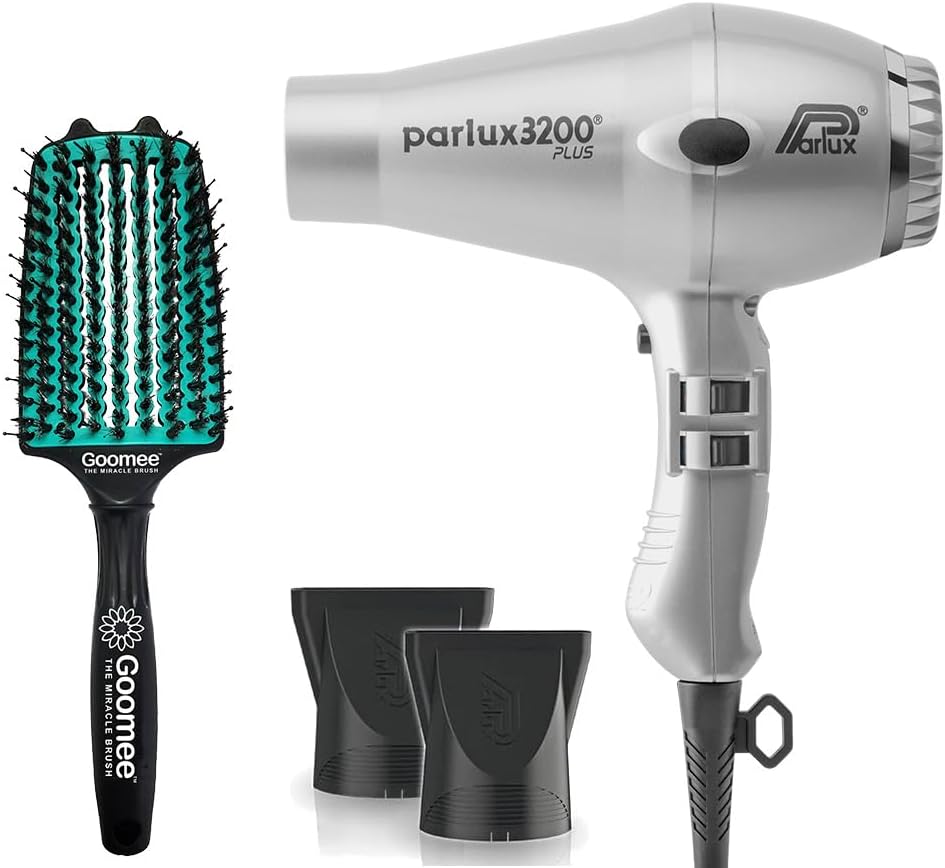 Parlux 3200 Plus Silver Hair Dryer and Miracle Large Detangling Brush Mint Green – Professional Blow Dryer and Anti-Frizz Hair Brush with Nylon and Boar Bristles for Smooth, Shiny Hair