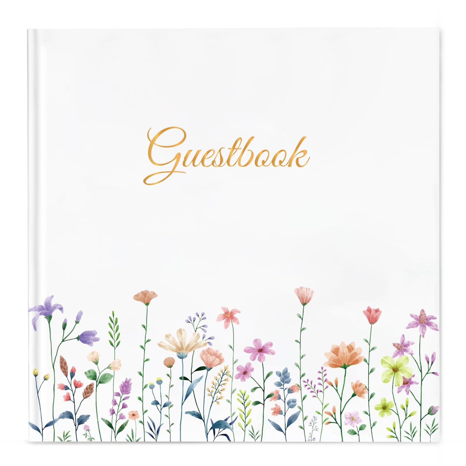 Blank Wedding Guest Book with 40 Beautiful Stickers,48 Double Pages, Made High Quality Thick Paper-Dimensions: 21 x 21cm, Hard Cover Guest Book for Wedding,Baby Shower,Birthdays,Floral Pattern-White