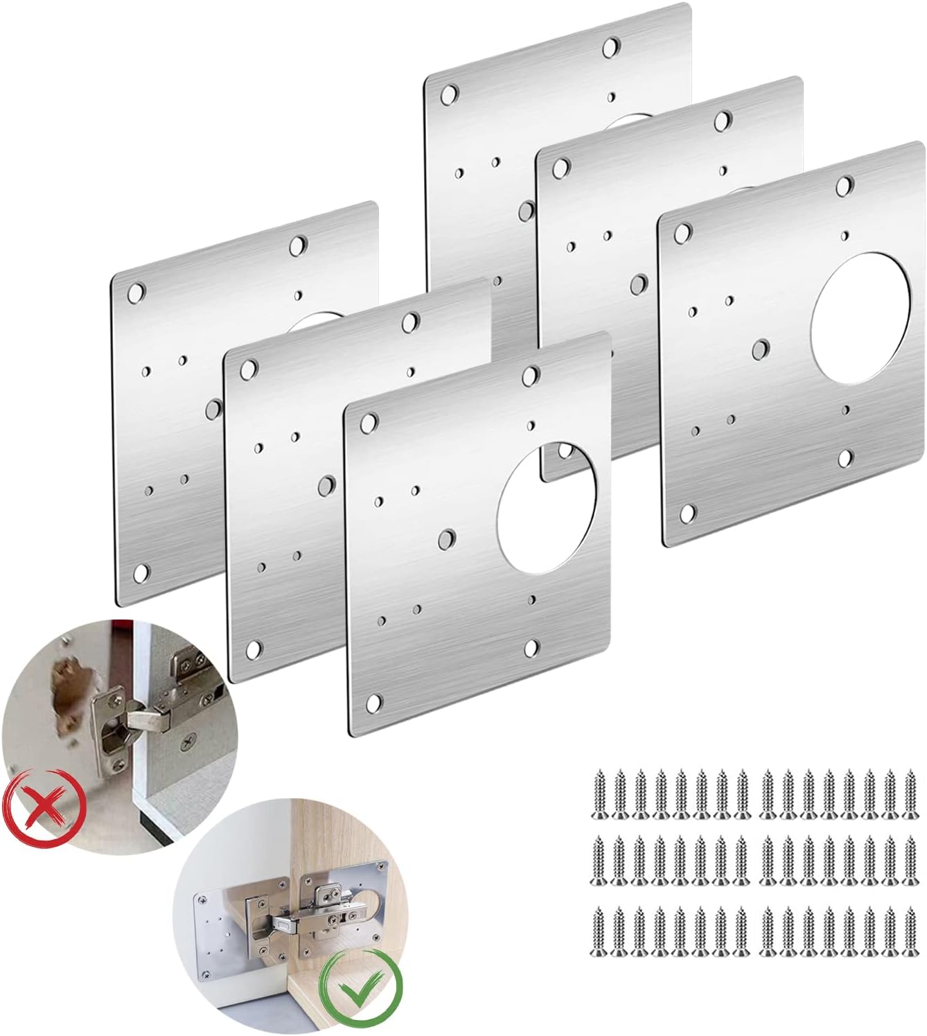 LLZHYA Cabinet Hinge Repair Plate, Stainless Steel Hinge Repair Kit, Kitchen Cupboard Door Hinge Repair Plate Kit, Including Fixing Screws, Protects Wooden Kitchen Cabinet Doors (6pcs)