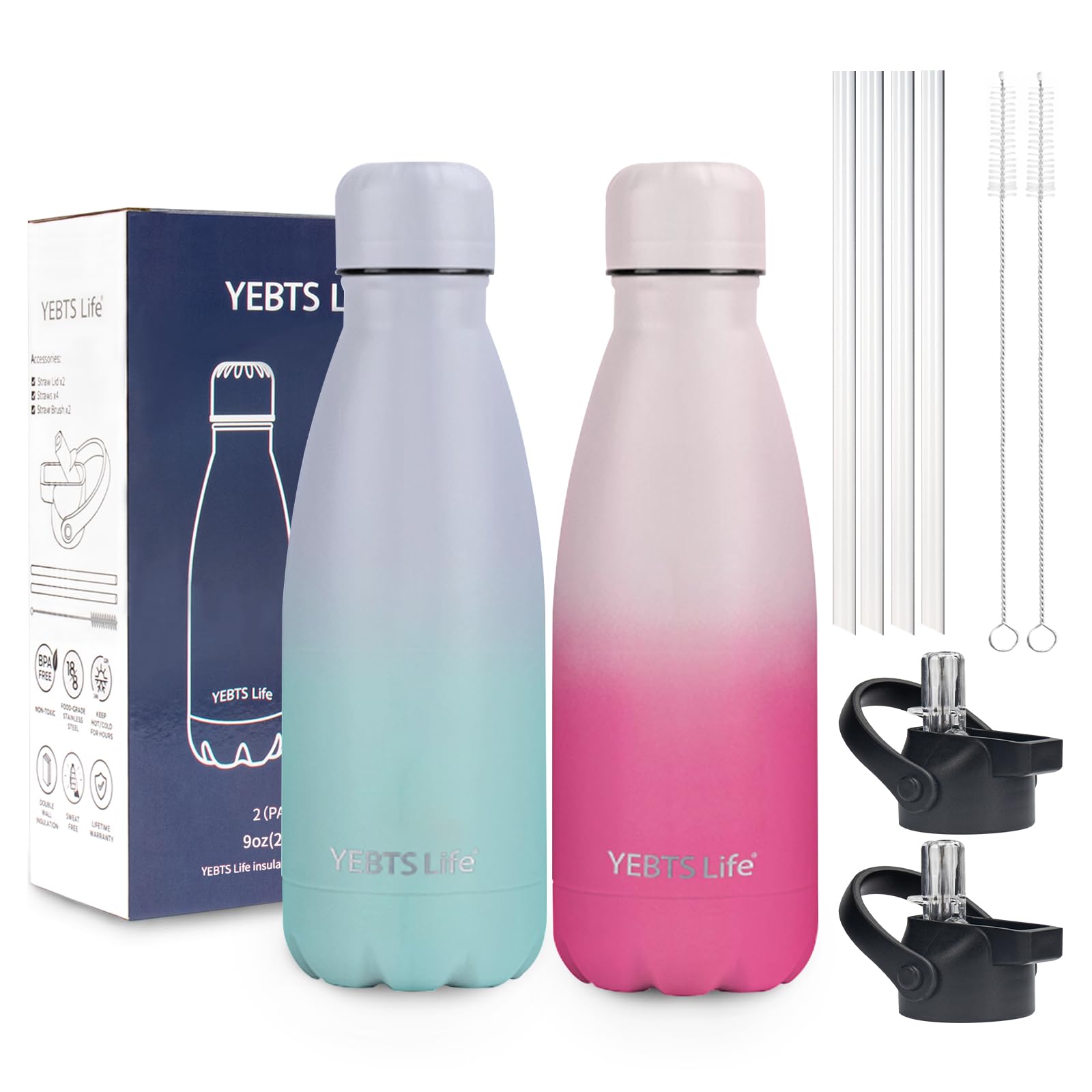 Insulated Water Bottle, 2 Pack-9oz Stainless Steel Water Bottles with straw lid, Metal Sports Water Bottles for Boys,Girls, Double Wall Vacuum