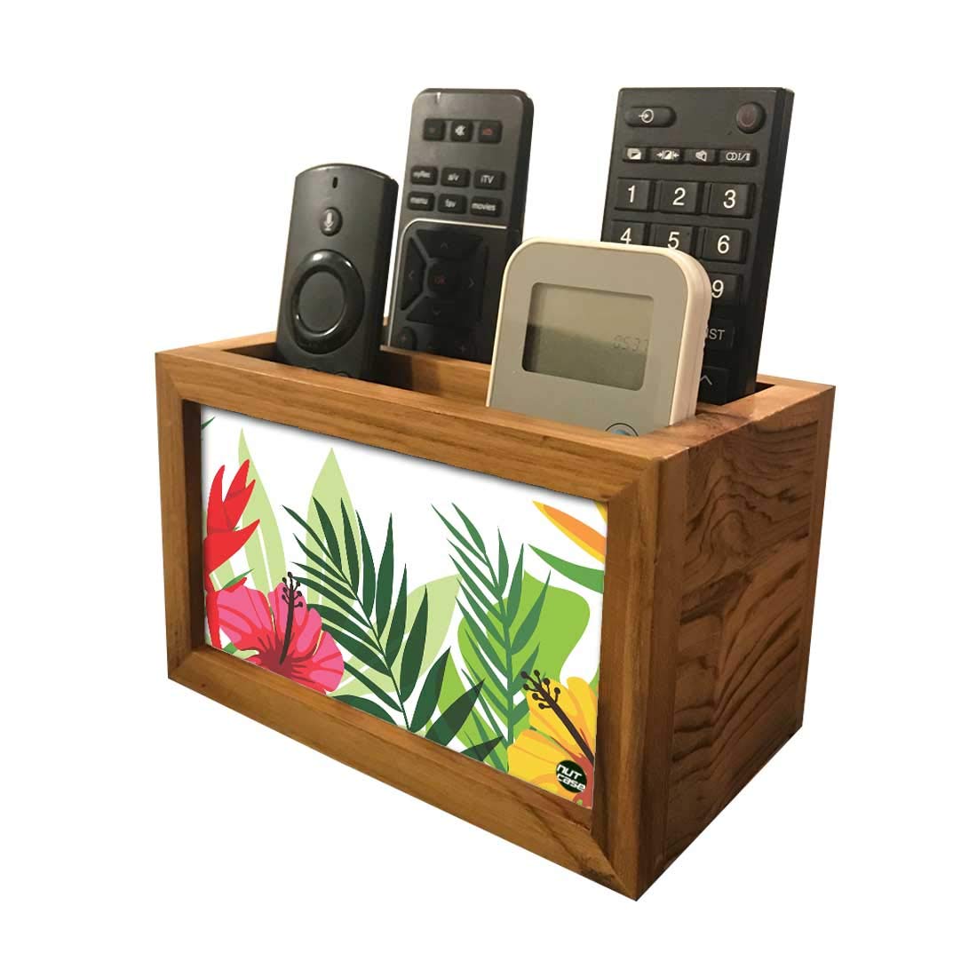 Nutcase Designer Teak Wood TV Remote Stand For Home Remote Holders Organizer Caddy for TV/AC Remotes Control -Multipurpose Desk Organiser-6�x4�x4� - Floral Beauty 3