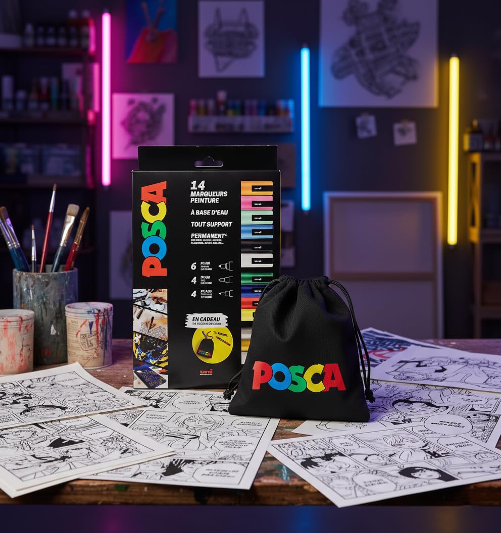 POSCA Uni Mitsubishi Pencil – Maxi-Pack mit verschiedenen Spitzen und Farben – 14 Marker für Farbe auf Wasserbasis – inkl. Tasche | Uni Mitsubishi Pencil – PC1MC PC3M PC5M – 12 deckende Farben, permanent auf porösen Oberflächen