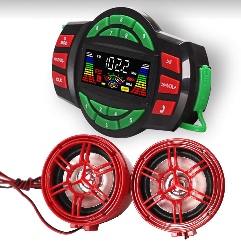 UTV ATV Bluetooth Amplifier Sound System Hand-Free Speakers FM USB Audio System Stereo 3 Inch Speakers 12V Motorcycle Waterproof Audio FM Radio Stereo Speaker (Red Speaker)