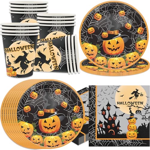 Bikasun Halloween Vaisselle Assiette Kit de fête d'Halloween pour 16 invités, avec assiettes, gobelets, serviettes, assiettes en carton, citrouille, décoration de fête d'Halloween pour enfants