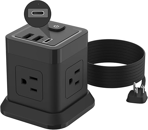 Miniatura 15 de Regleta de alimentación cúbica, FDTEK 4 salidas ampliamente espaciadas con 3 USB (1 USB C) Regleta de alimentación de enchufe plano con cables de