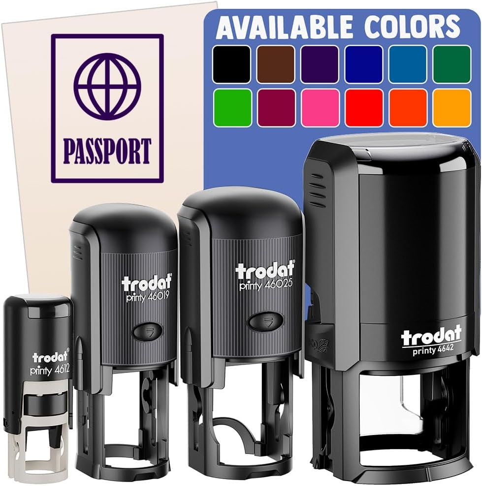 Passport Travel Self-Inking Rubber Stamp Ink Stamper for Stamping Crafting Planners - 1-1/2 Inch Large - Red Ink