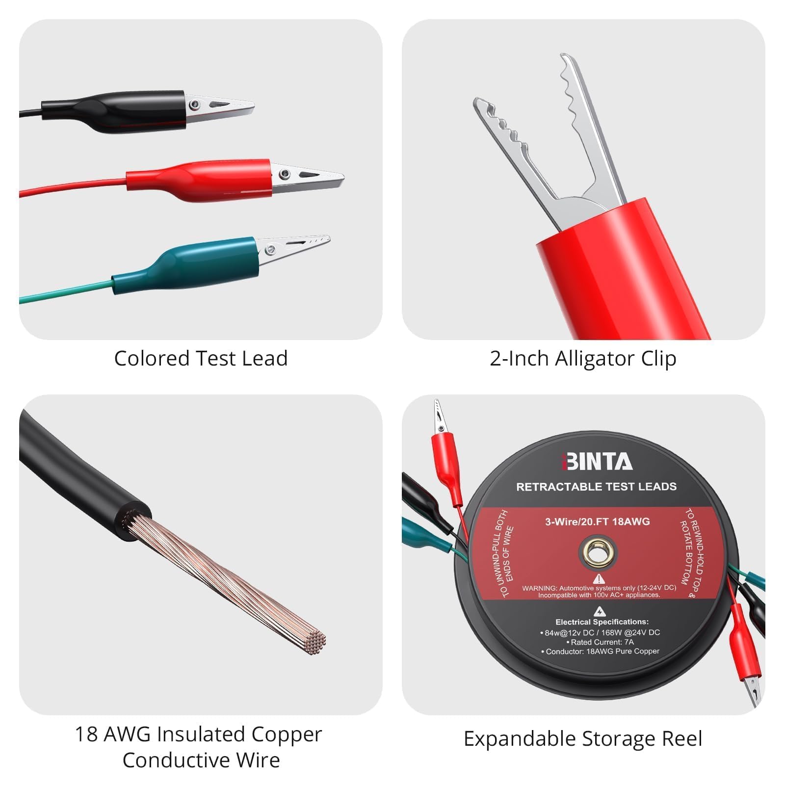 BINTA 3 Wire 20 Ft Retractable Test Leads, Red/Black/Blue Alligator Clips — Amazon image 4