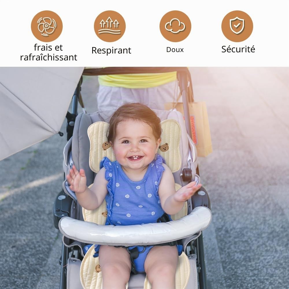 LUFEIS Coussin Poussette, Coussin de Siège Poussette, Siege Poussette Universelle, Coussin Voiture Bebe, Bébé Housse d’Été Anti-Transpiration pour Poussette, Coussin Bébe pour l'Été, Respirant - Ours